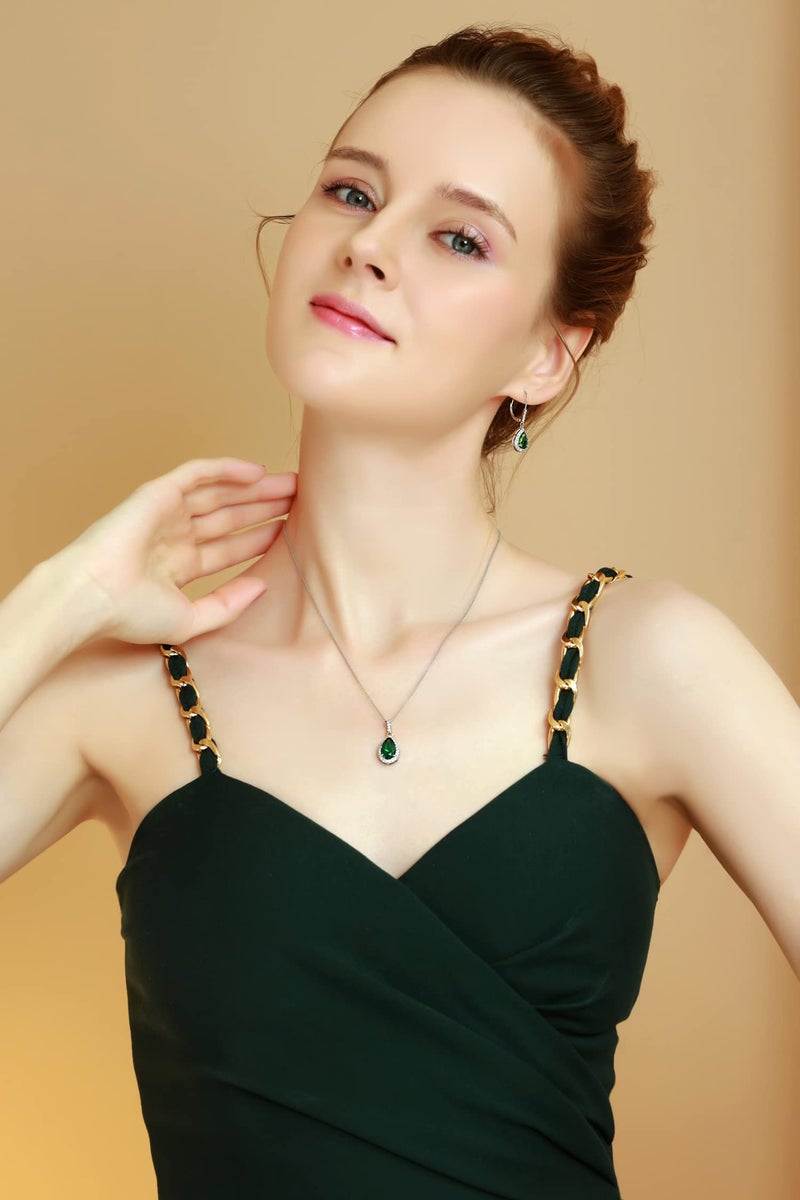 B. BRILLIANT Sterling Silver Simulated Emerald & White Topaz Teardrop Dangling Necklace & Leverback Drop Dangle Earrings Jewelry Set for Women with Gift Box - Image 3